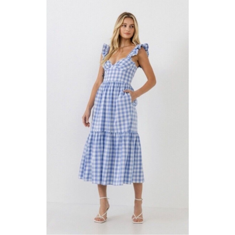 English Factory L Midi Dress Plaid A-Line Gingham Blue Ruffle Tiered Sweetheart
